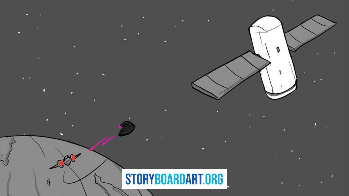 Match Cut in Film: How to Storyboard Seamless Transitions 1 Digital storyboard panel showing a satellite in orbit with a spacecraft near Earth.