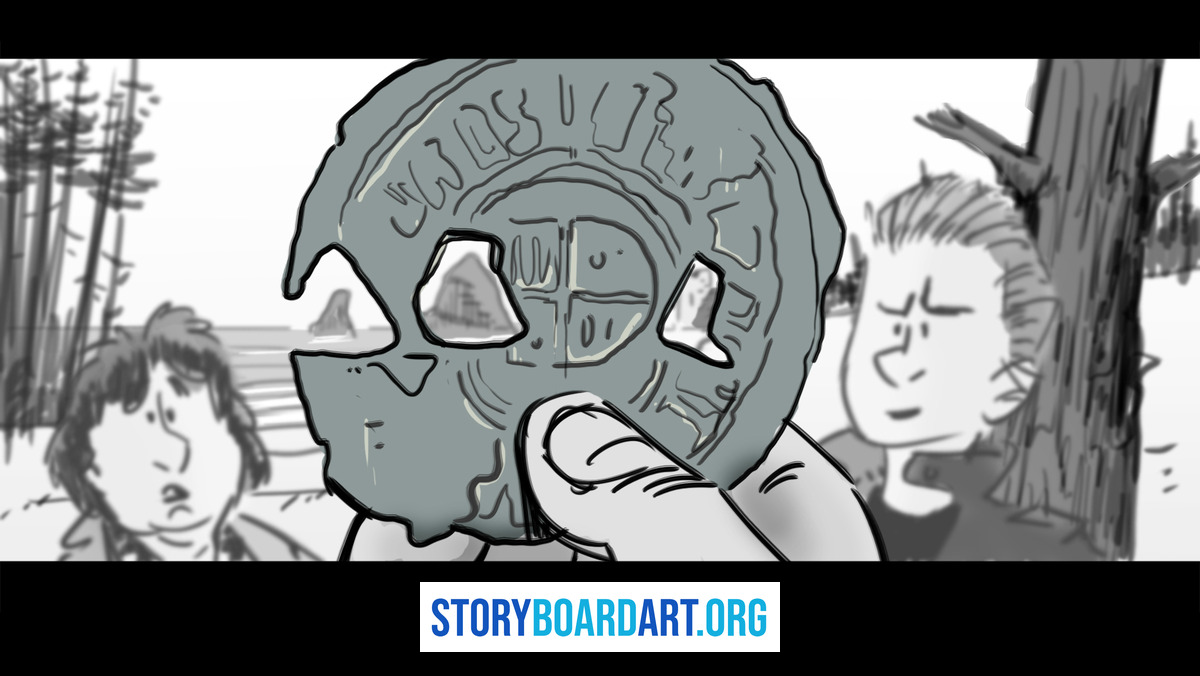 Match Cut in Film: How to Storyboard Seamless Transitions 2 Black and white storyboard panel of a hand holding a stone disk with characters outdoors behind it.