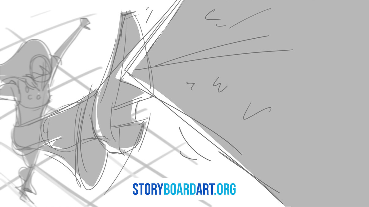 Match Cut in Film: How to Storyboard Seamless Transitions 3 Rough digital storyboard sketch showing a low-angle shot of a character kicking forward.