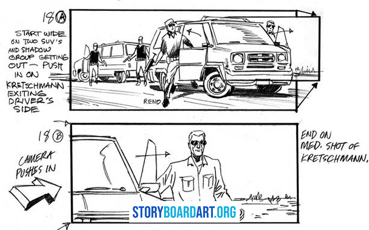Match Cut in Film: How to Storyboard Seamless Transitions 4 Two storyboard panels with handwritten camera notes: start wide on two SUVs and push in, ending on a medium shot of the driver.