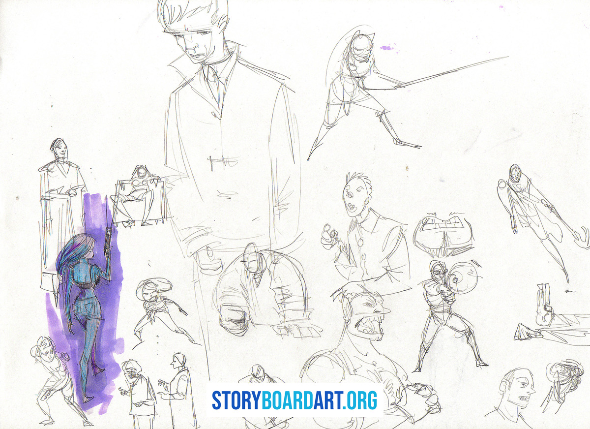 Drawing Exercises for Beginners: Daily Storyboarding Drills 1 Pencil character sketches and gesture drawings covering a sheet of loose-leaf paper.