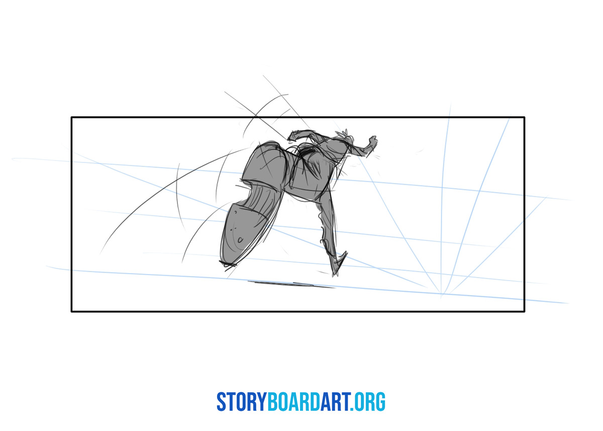 Drawing Exercises for Beginners: Daily Storyboarding Drills 2 Rough storyboard panel of a character running forward with perspective construction lines.