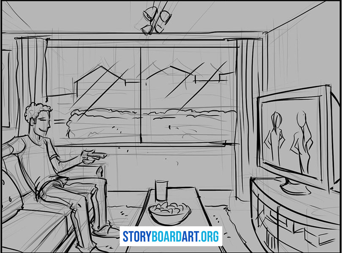 Drawing Exercises for Beginners: Daily Storyboarding Drills 3 Rough storyboard sketch of a living room with a sofa, coffee table and TV drawn in perspective.