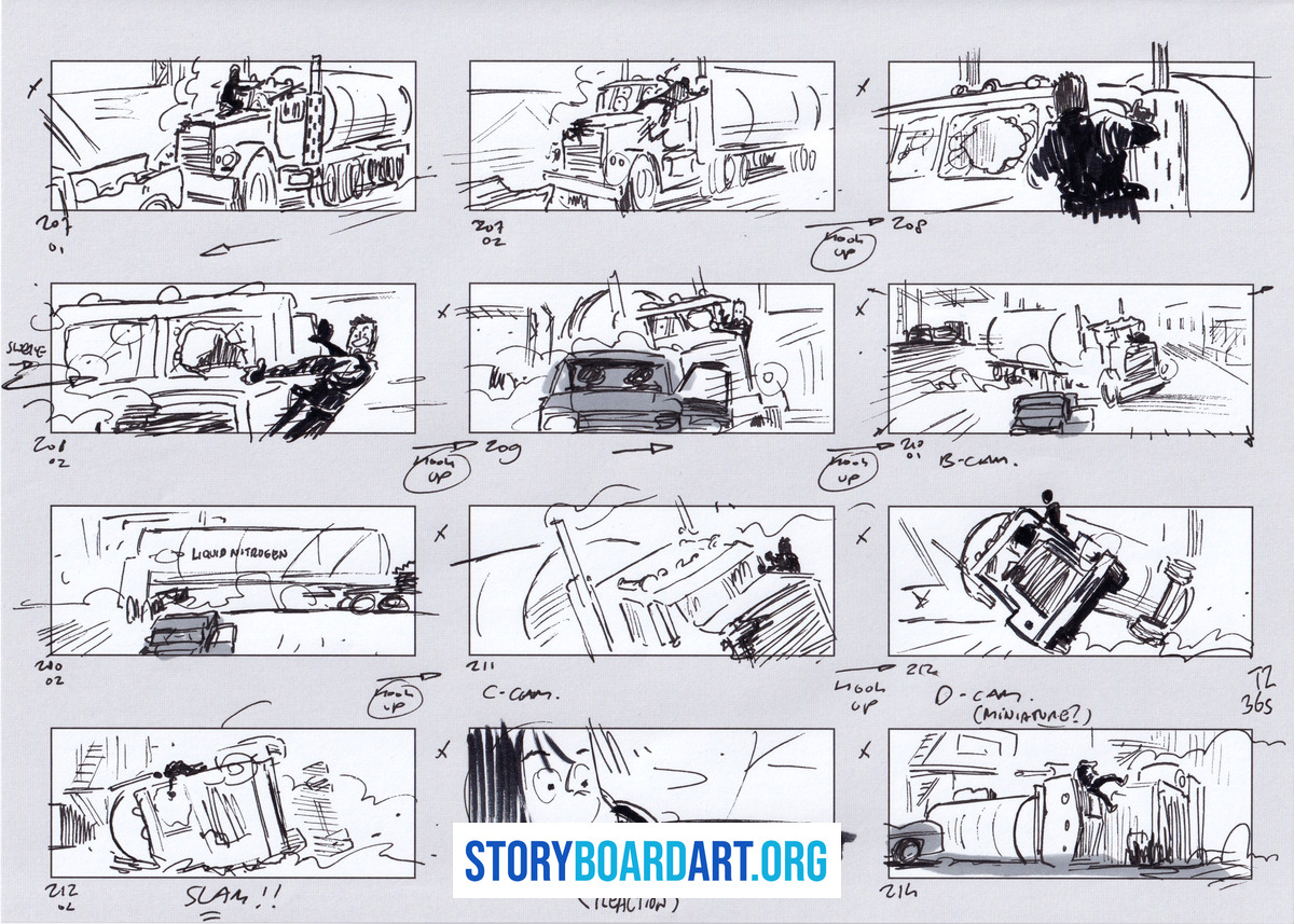 Drawing Exercises for Beginners: Daily Storyboarding Drills 4 Twelve black-and-white ink sketches on a storyboard page depicting a semi-truck action scene.