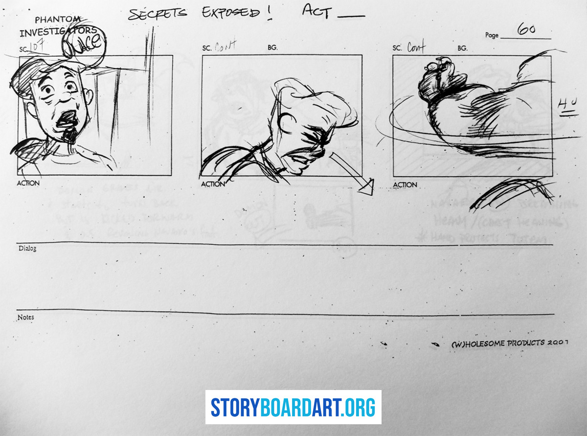How Storyboard Artists Beat Art Block 1 Three sequential rough pencil panels on a storyboard page depicting character expressions and action.