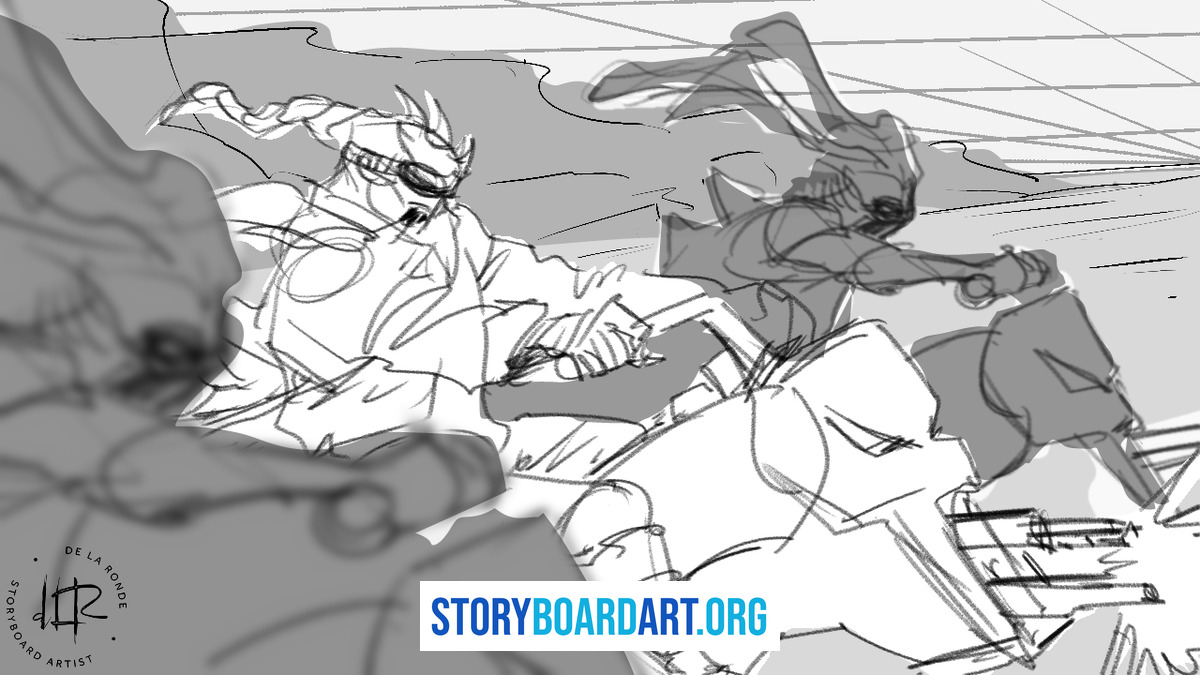 How Storyboard Artists Beat Art Block 2 A monochrome storyboard sketch of characters in motion set against background perspective grid lines.