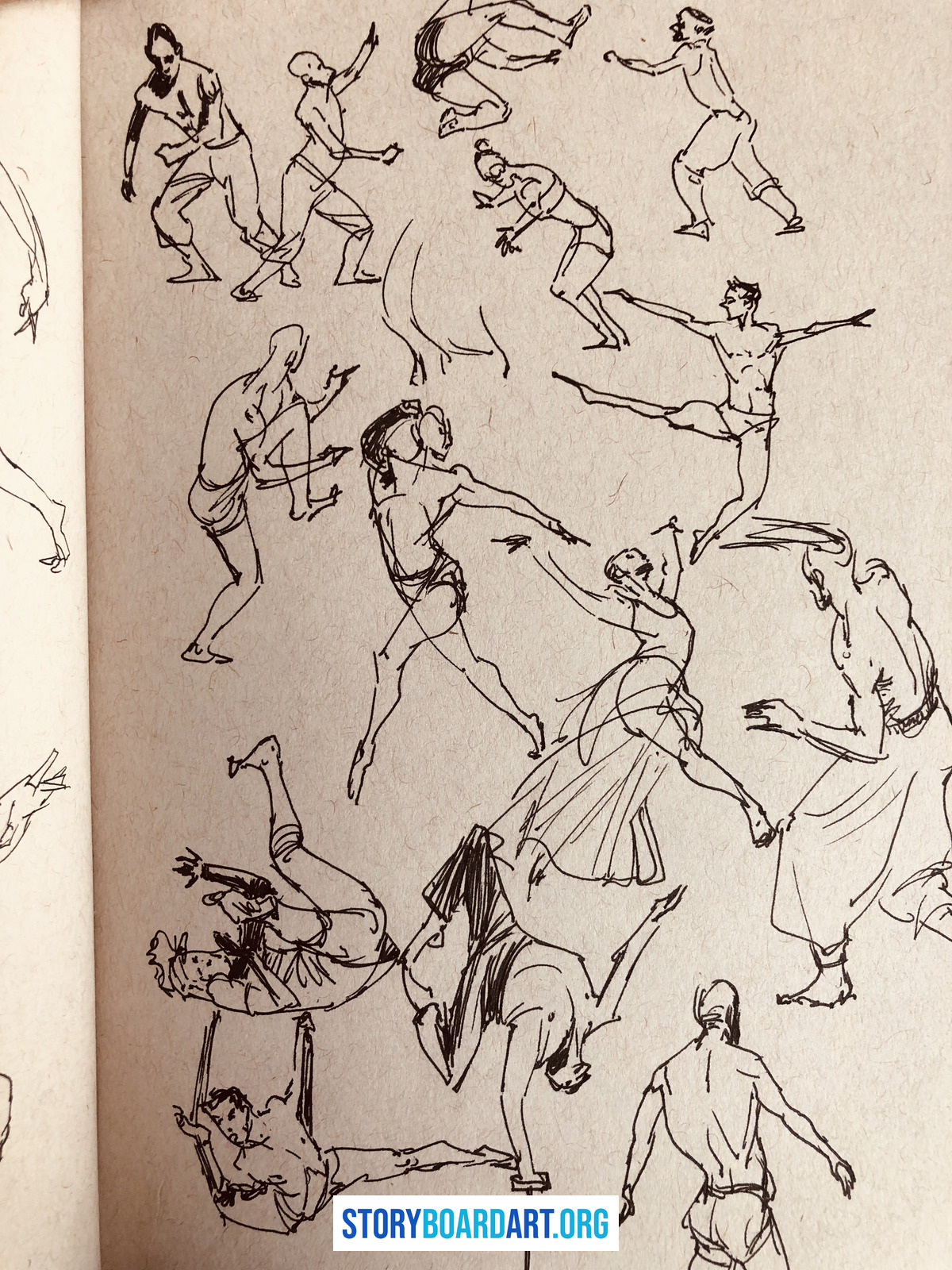 How Storyboard Artists Beat Art Block 3 A sketchbook page filled with quick ink drawings of human figures leaping, balancing, and tumbling.