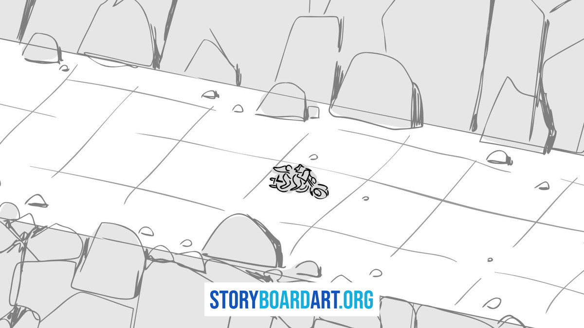 How Storyboard Artists Beat Art Block 4 A digital storyboard panel showing a high-angle wide shot of a vehicle navigating a rocky canyon path.