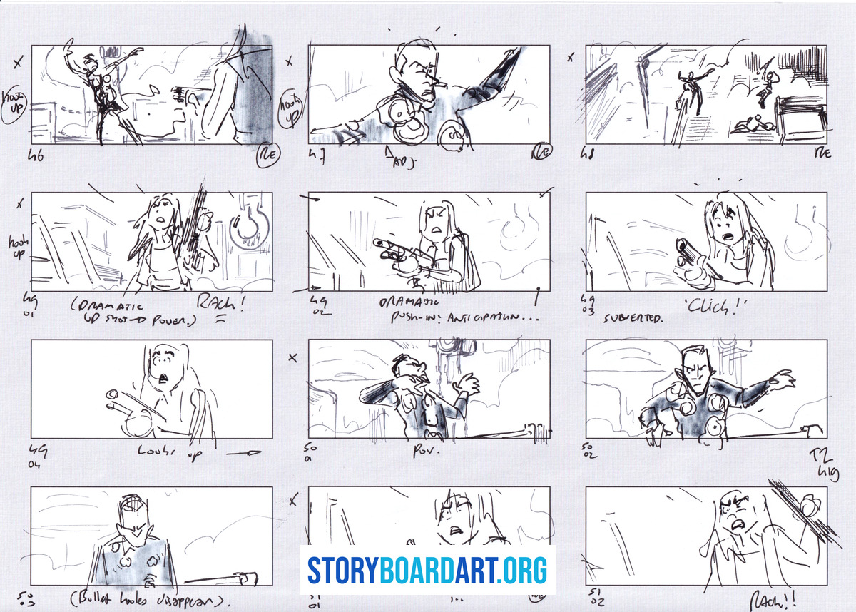 How Storyboard Artists Beat Art Block 5 A storyboard sheet with twelve rough sketched panels depicting action sequences and character interactions.