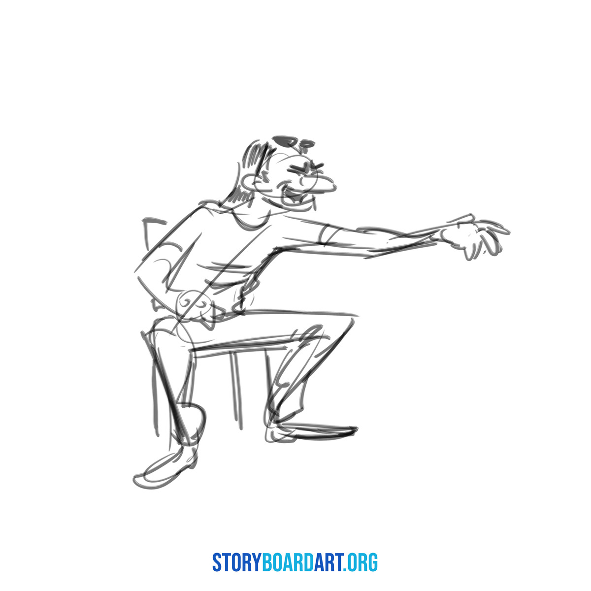 Gesture Drawing Practice for Storyboard Artists 1 Gesture drawing of a seated man lunging forward with one arm thrust out, showing a clear line of action.