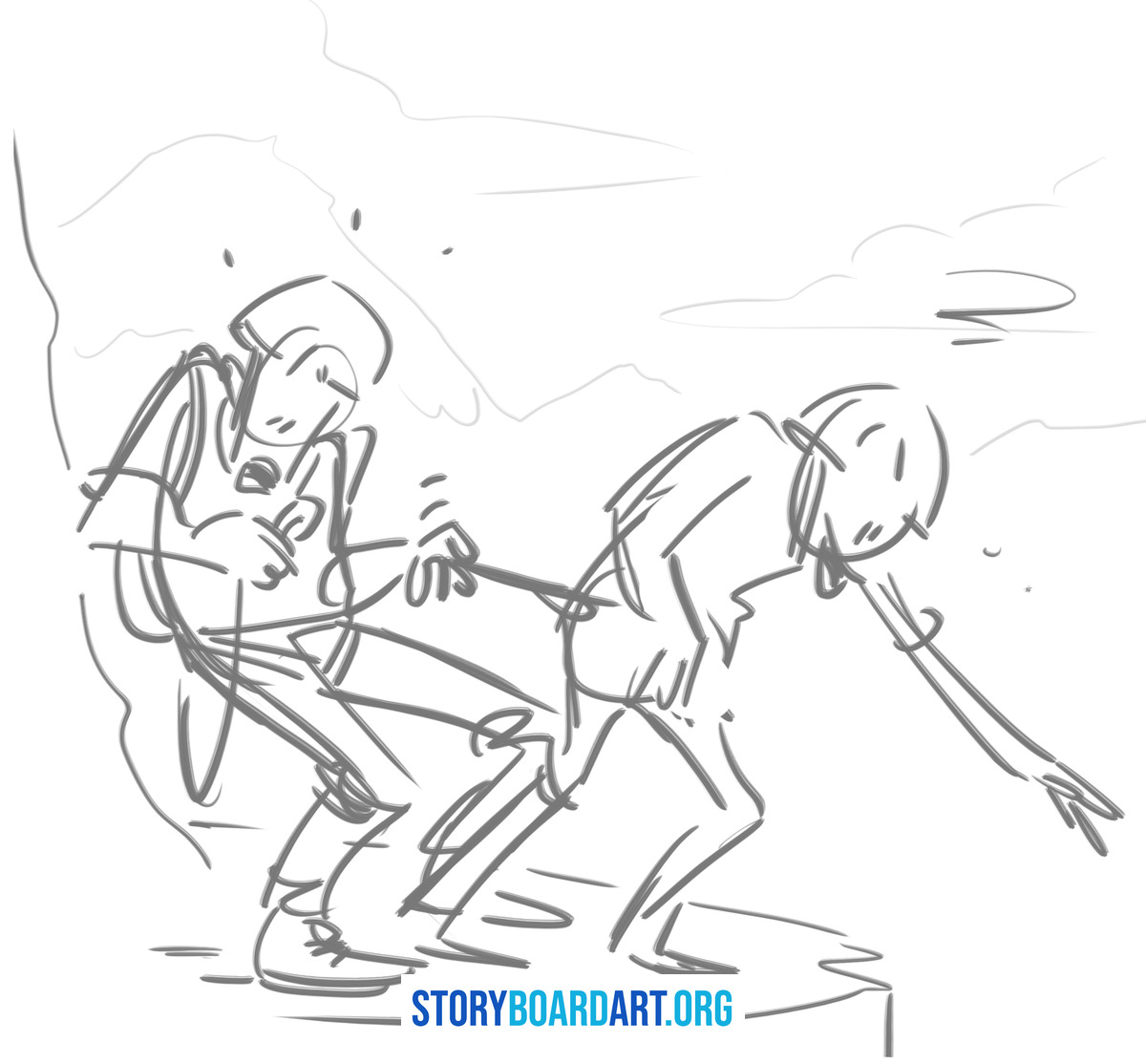 Gesture Drawing Practice for Storyboard Artists 2 Loose, fast gesture sketch of two figures pulling against each other.
