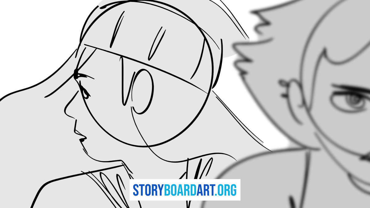 Gesture Drawing Practice for Storyboard Artists 4 Black and white storyboard sketch showing character construction lines in profile beside a rendered figure.