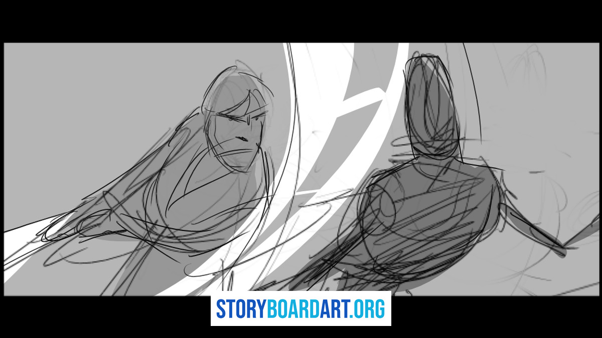 Gesture Drawing Practice for Storyboard Artists 5 Rough black and white storyboard panel depicting two characters facing each other in dynamic perspective.