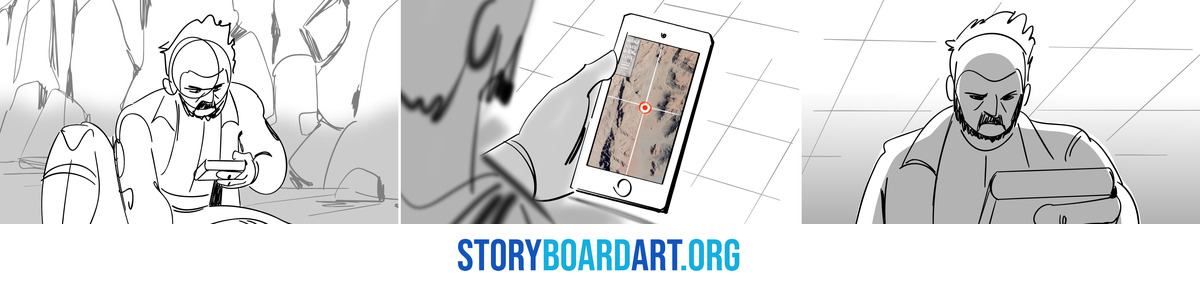What Is a Point of View Shot? (And How to Storyboard One) 2 Three storyboard panels: a man looks down at his phone, his POV of a hand holding a map with a target marker, then his reaction.