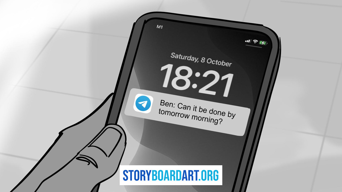What Is a Point of View Shot? (And How to Storyboard One) 1 Storyboard panel of a hand holding a smartphone showing a text message notification.