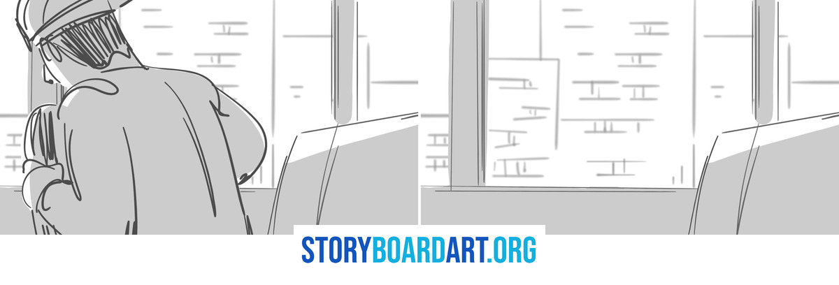 What Is a Point of View Shot? (And How to Storyboard One) 4 Two storyboard panels: a passenger seen from behind looking out a bus window, then his POV of the city outside.