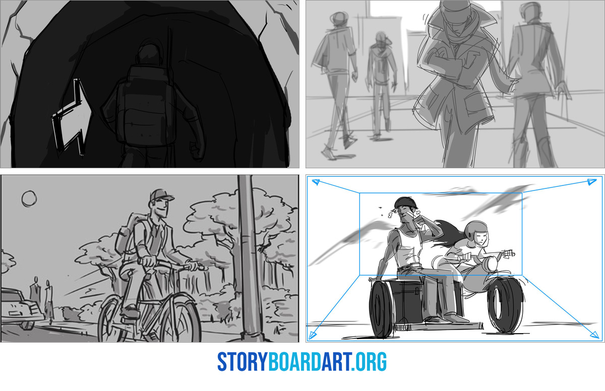 What Is a Tracking Shot? (And How It Differs From a Dolly) 3 Four storyboard panels: a hiker followed into a cave, a man walking at the camera, a cyclist tracked alongside, a pull out.