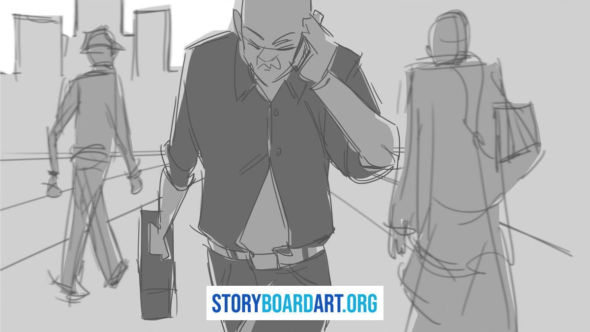 What Is a Tracking Shot? (And How It Differs From a Dolly) 4 Storyboard panel of a man on a phone walking straight toward the camera through a crowd of pedestrians.