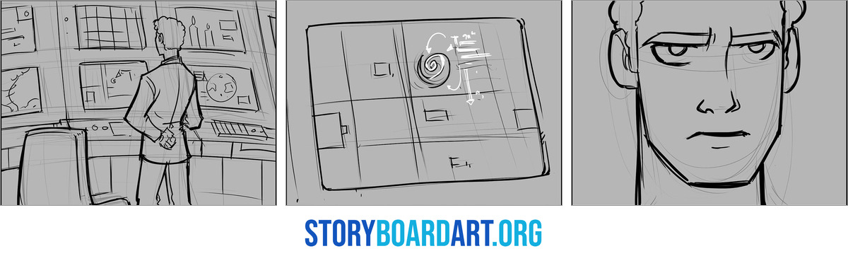 Continuity Editing: Storyboard Rules That Make Cuts Work 1 Three storyboard panels: a man seen from behind at a wall of monitors, a storm on one screen, then a close-up of his face.