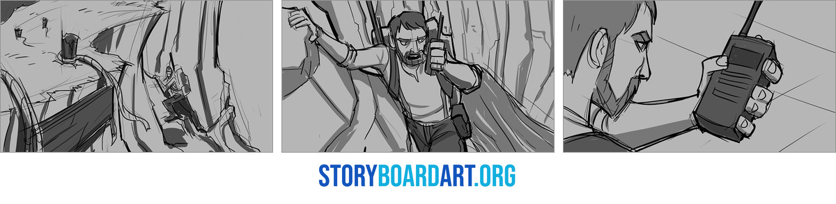 Continuity Editing: Storyboard Rules That Make Cuts Work 2 Three storyboard panels: a wide of a man edging along a cliff face, a medium as he radios, then a close-up on the radio.