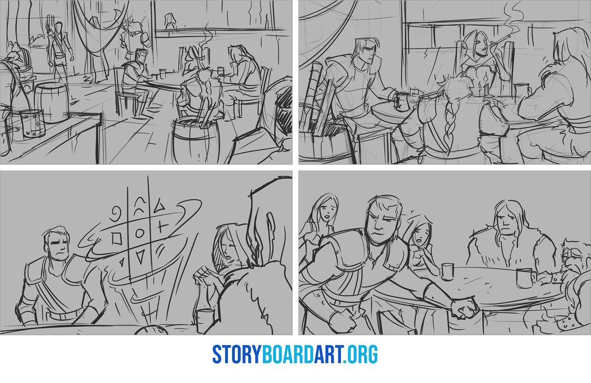 Continuity Editing: Storyboard Rules That Make Cuts Work 3 Four rough tavern storyboard panels: a wide of the table, then three closer shots that keep the armored man on the left.