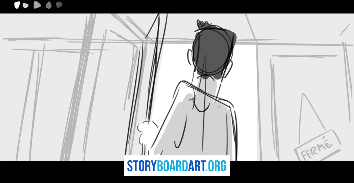 Continuity Editing: Storyboard Rules That Make Cuts Work 4 Black and white storyboard panel of a person seen from behind opening a door marked FERMÉ.