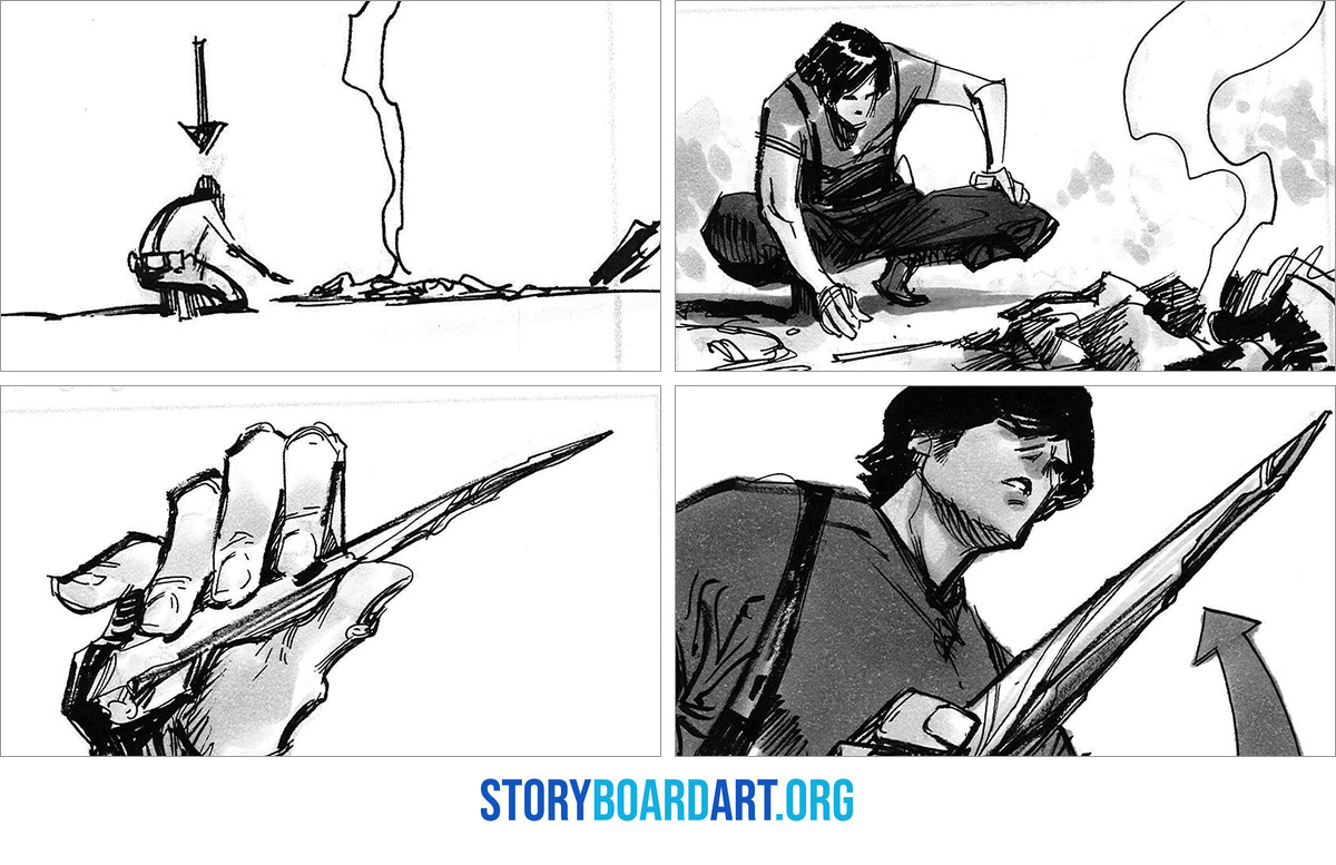 Continuity Editing: Storyboard Rules That Make Cuts Work 5 Four storyboard panels of one beat: a wide of a man kneeling by smoking debris, a medium, an insert of a stick, his reaction.