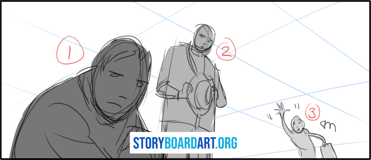 Continuity Editing: Storyboard Rules That Make Cuts Work 6 Rough black and white storyboard panel showing three figures, perspective lines, and red numbered circles.