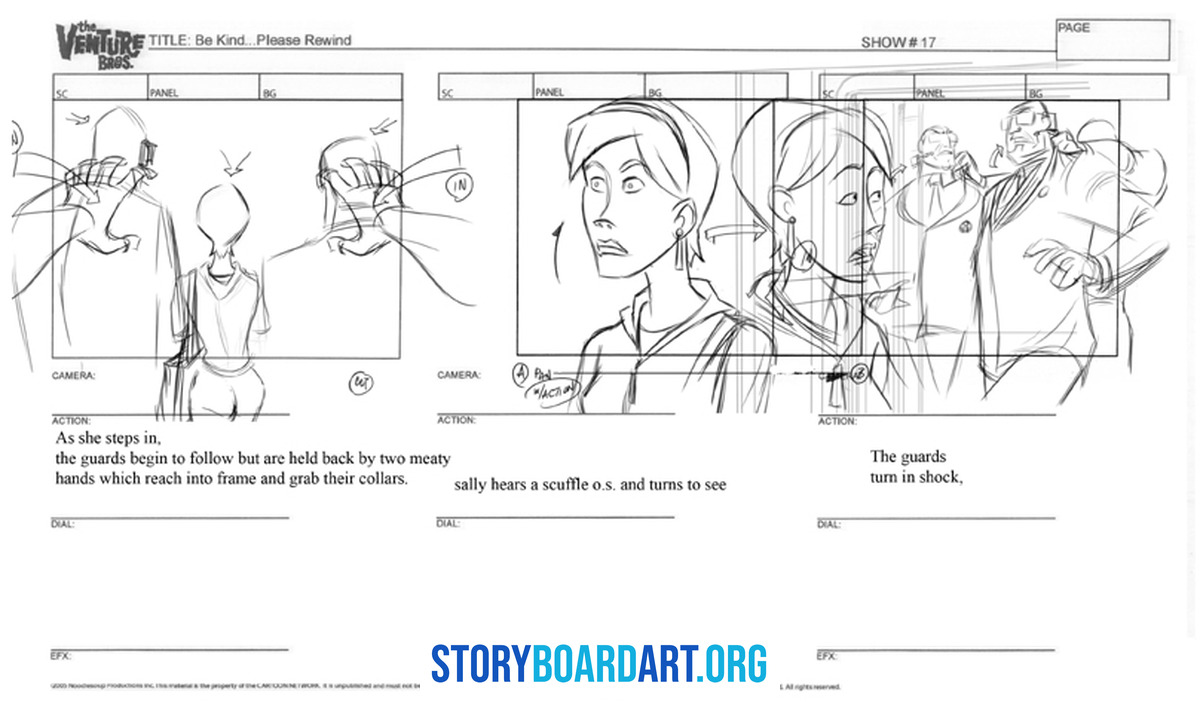 Professional storyboard template page with three panels depicting characters in an animation sequence.