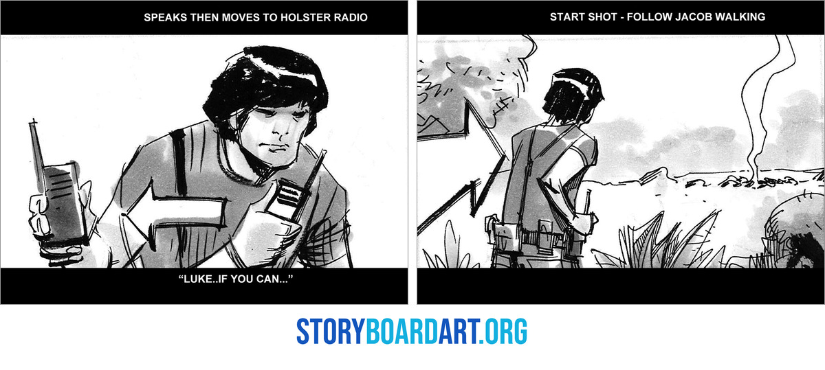 Storyboard Format for Film: Boards a Crew Can Shoot From 2 Two storyboard panels side by side with typed notes above each frame: a man talks into a radio, then the camera follows him.
