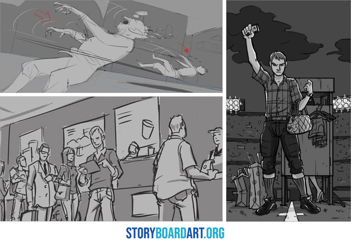 Storyboard Format for Film: Boards a Crew Can Shoot From 3 Three storyboard frames in three shapes: a wide 2.39 action frame, a 16:9 cafe crowd under it, and a tall 9:16 stadium shot.