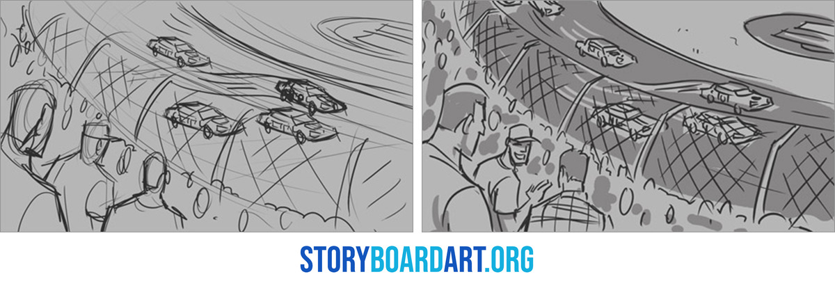 Storyboard Format for Film: Boards a Crew Can Shoot From 4 A loose pencil rough of race cars and fans beside a cleaner, toned tight board of the same racetrack scene.