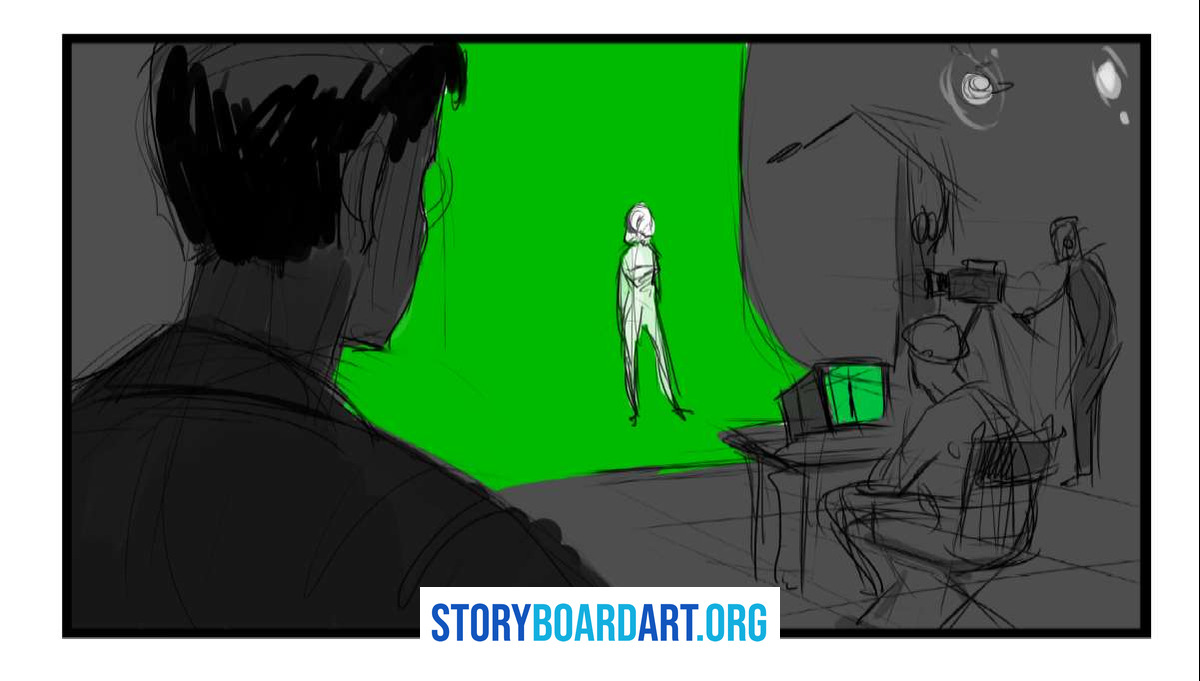 Storyboard Format for Film: Boards a Crew Can Shoot From 5 Digital storyboard sketch of a film set with a green screen, camera crew, and a figure in front.