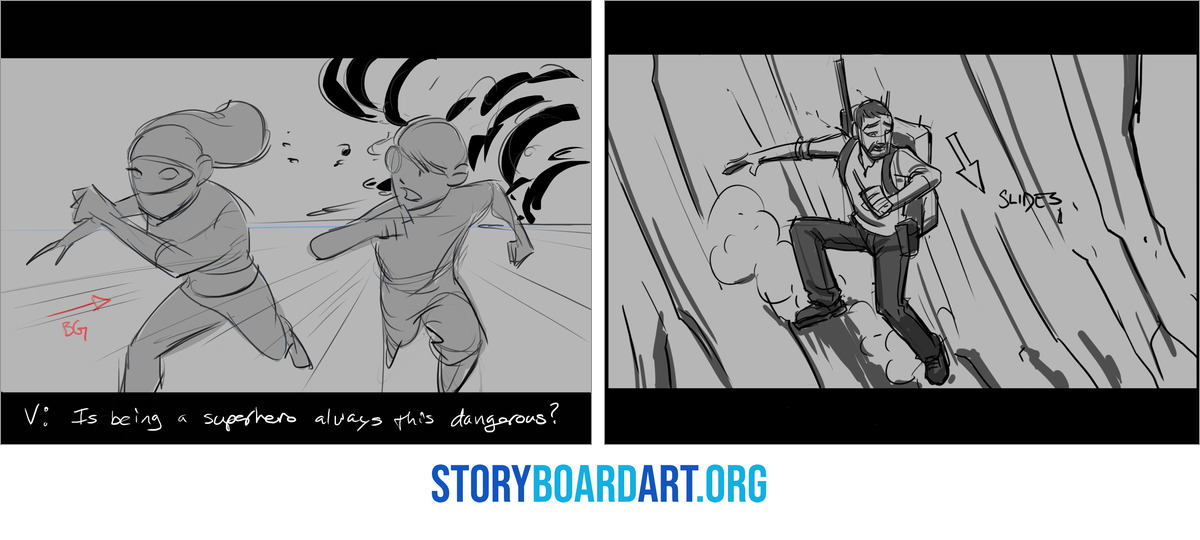 Storyboard Arrows: A Beginner's Guide to Showing Movement 1 Two storyboard panels: a masked girl and a boy run left above a red arrow labeled BG, and a man slides down a rock face.