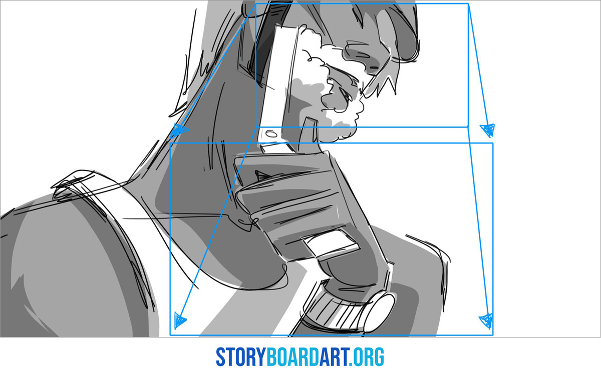 Storyboard Arrows: A Beginner's Guide to Showing Movement 2 A rough storyboard of a man shaving, with a blue start frame on his face, a larger end frame on his hand and arrows between.