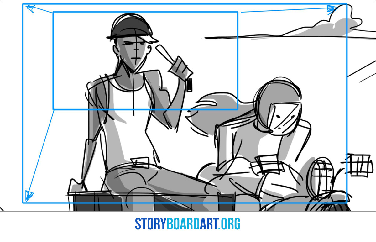 Storyboard Arrows: A Beginner's Guide to Showing Movement 3 A rough storyboard of a man in a cap raising one hand beside a helmeted rider, with arrows running out from a small frame.