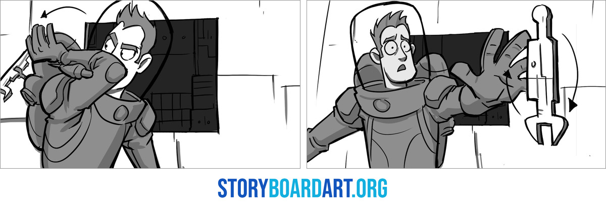 Storyboard Arrows: A Beginner's Guide to Showing Movement 4 Two storyboard panels of an astronaut: a curved arrow follows his swinging arm, then a loop circles a floating wrench.