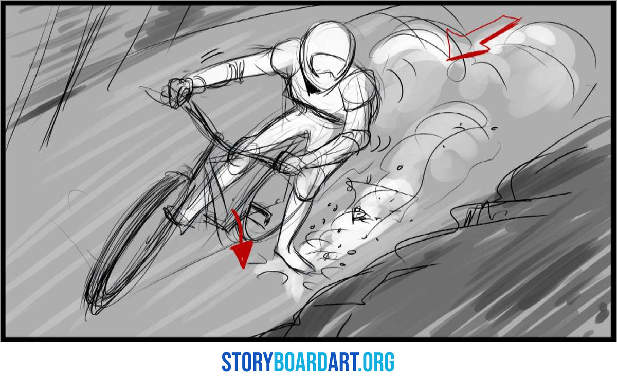 Storyboard Arrows: A Beginner's Guide to Showing Movement 5 A rough gray storyboard panel of a mountain biker leaning through a muddy turn, with a large red arrow and a small one.