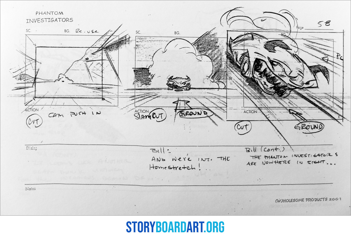 Storyboard Arrows: A Beginner's Guide to Showing Movement 6 A pencil storyboard page of a car bursting out of a dust cloud, with CUT, SLAM CUT and CAM PUSH IN written under the panels.