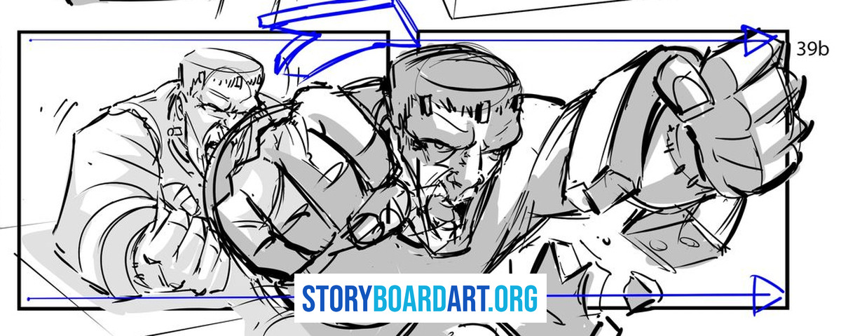 How to Storyboard Action Scenes: Fights, Chases and Pacing 1 Storyboard panel of a character punching forward in dynamic perspective with a figure in the background.
