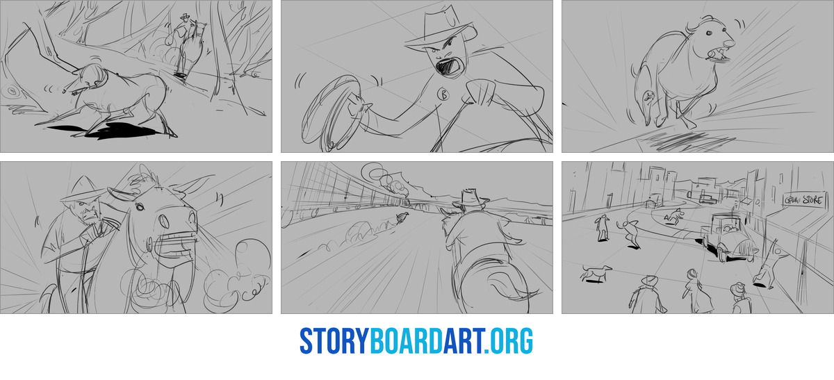How to Storyboard Action Scenes: Fights, Chases and Pacing 2 Six rough storyboard frames of a western chase, a cowboy with a lasso riding after an animal from the woods into town.