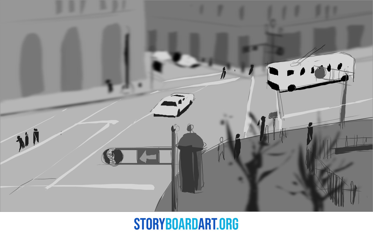 How to Storyboard Action Scenes: Fights, Chases and Pacing 3 A high wide storyboard frame of a city street corner with a trolley bus, a car, people walking and a one-way sign.
