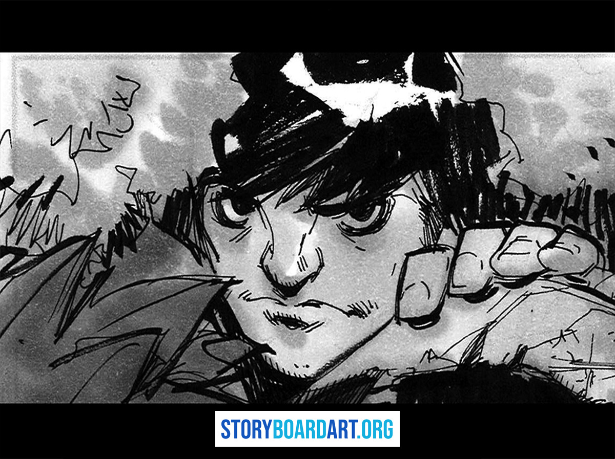 How to Storyboard Action Scenes: Fights, Chases and Pacing 4 Black and white storyboard panel showing a closeup of a character reaching forward with a fist.