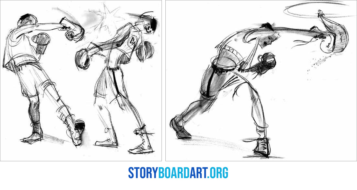 How to Storyboard Action Scenes: Fights, Chases and Pacing 5 Two rough boxing sketches, a punch landing under an impact star and a head knocked sideways under a motion arc.